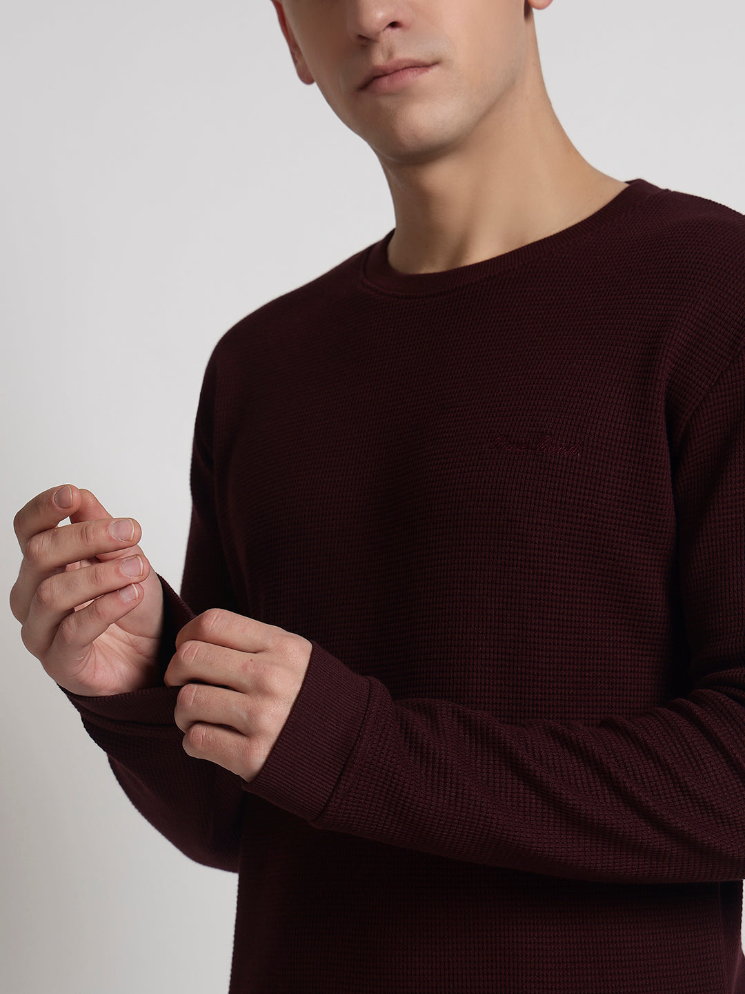 Rarebond Sentinel Men's Wine Textured Full Sleeves Round Neck T Shirt