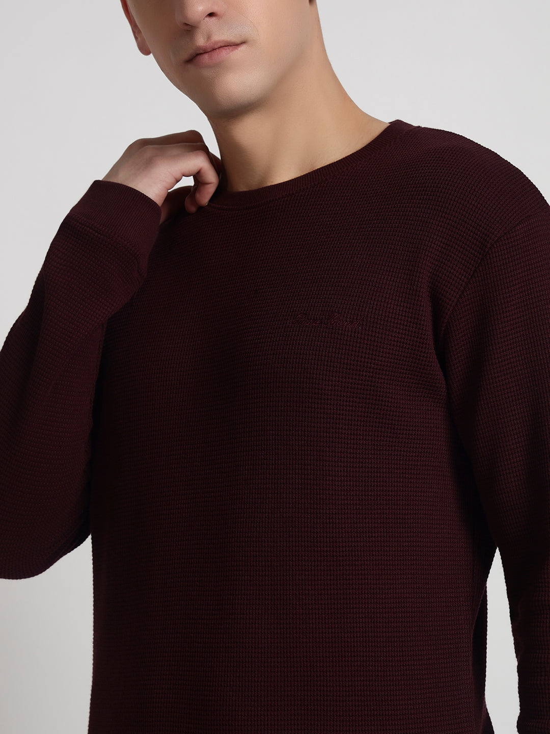 Rarebond Sentinel Men's Wine Textured Full Sleeves Round Neck T Shirt