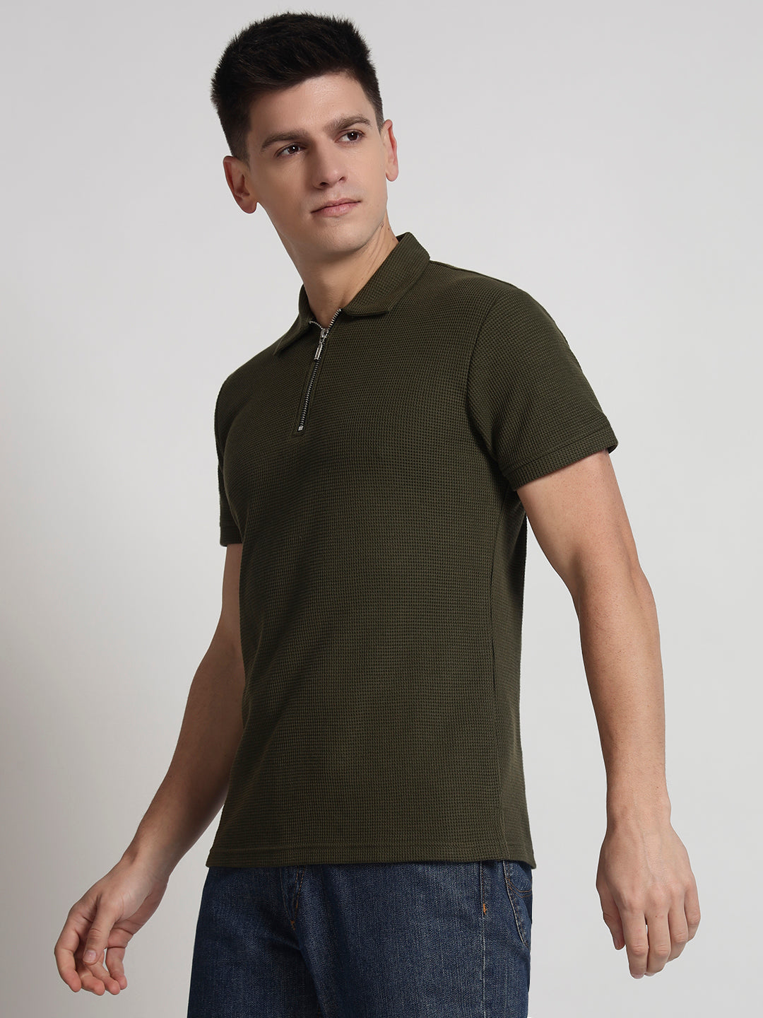Rarebond Sentinel Men's Olive Textured Zip-Up Half Sleeves Polo T-Shirt