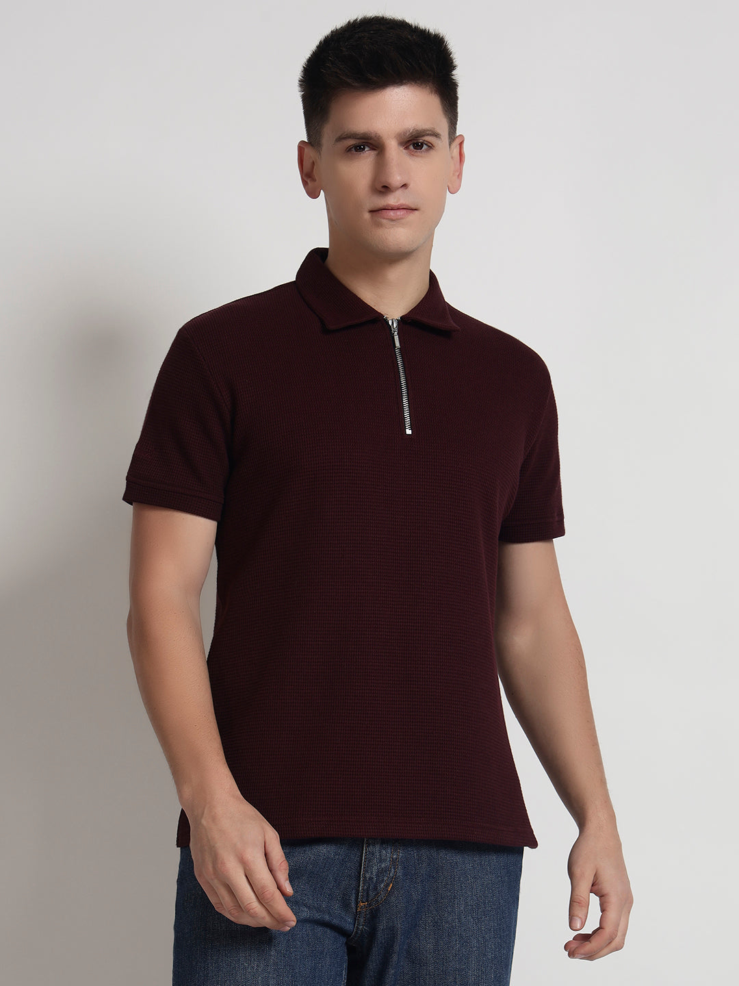 Rarebond Sentinel Men's Wine Textured Zip-Up Half Sleeves Polo T-Shirt