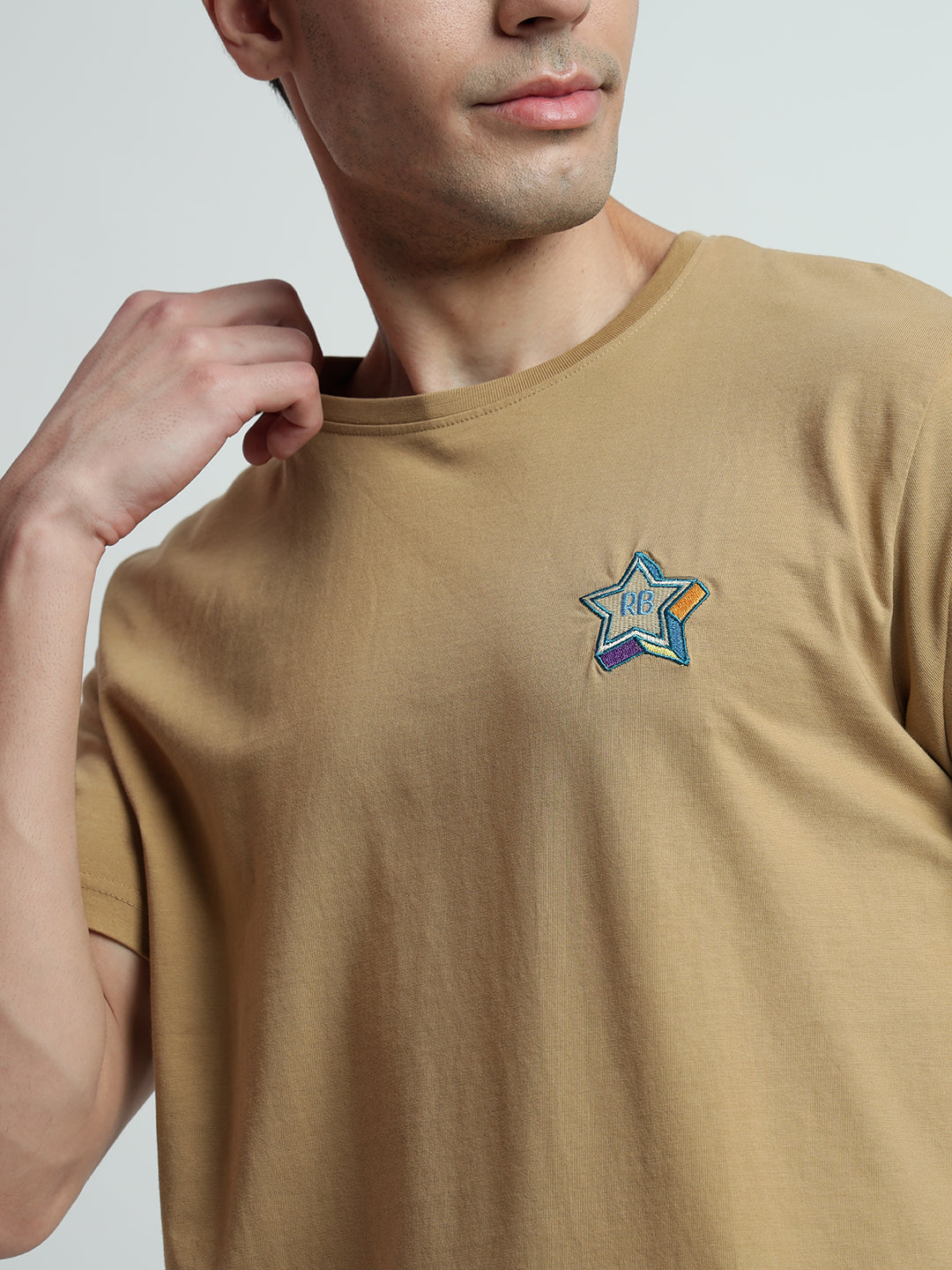 Rarebond's EMB Beige Half Sleeve Comfort Fit T-shirt