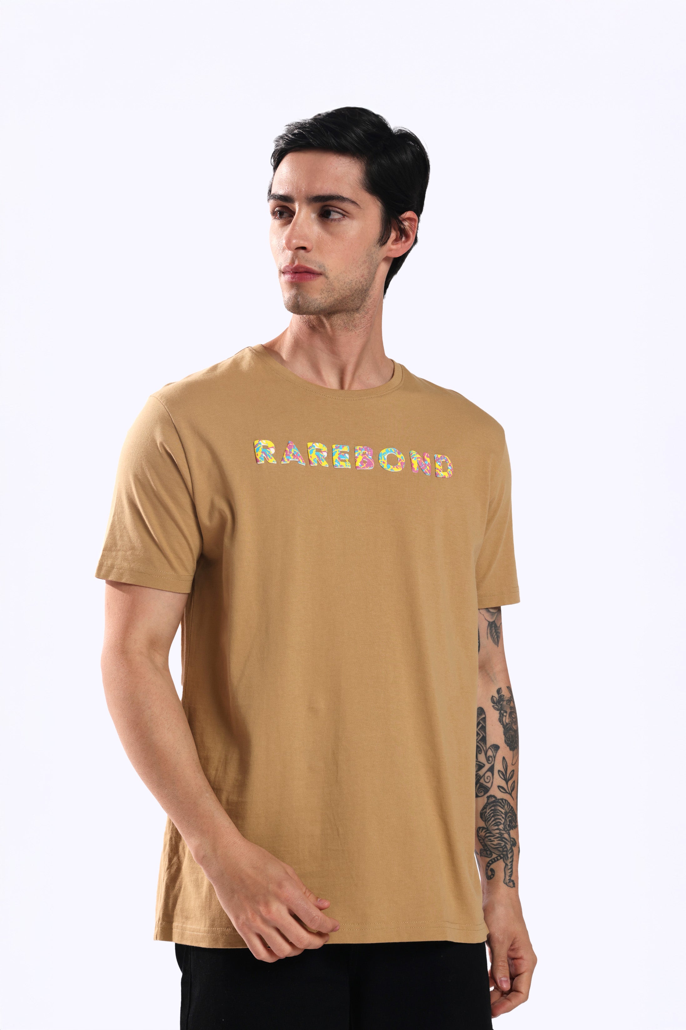Rarebond's Rainbow Khaki Half Sleeve Comfort Fit Round Neck T-Shirt