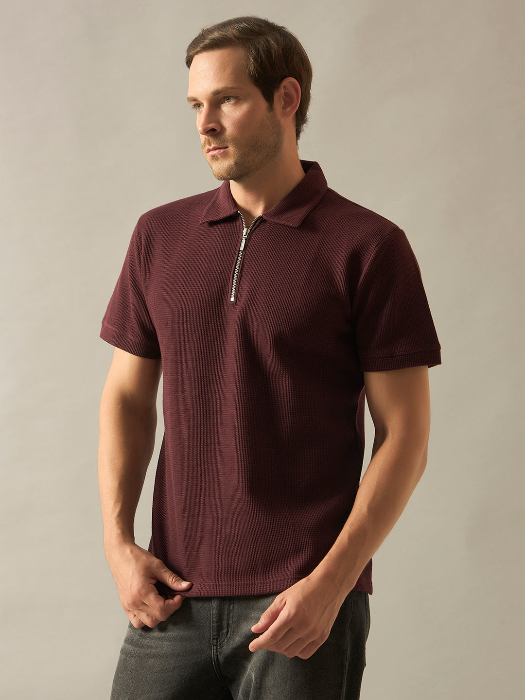 Rarebond Sentinel Men's Wine Textured Zip-Up Half Sleeves Polo T-Shirt