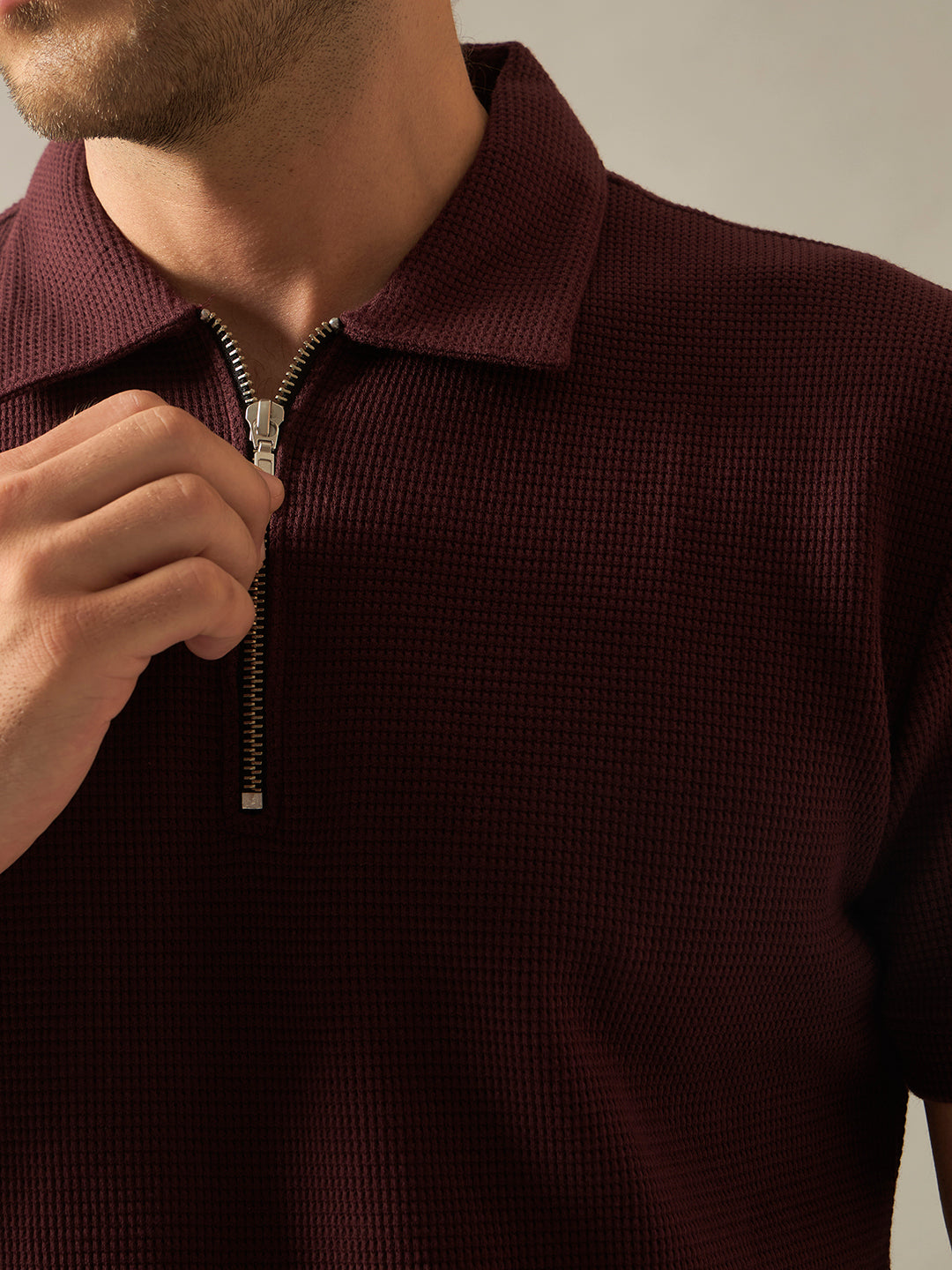 Rarebond Sentinel Men's Wine Textured Zip-Up Half Sleeves Polo T-Shirt