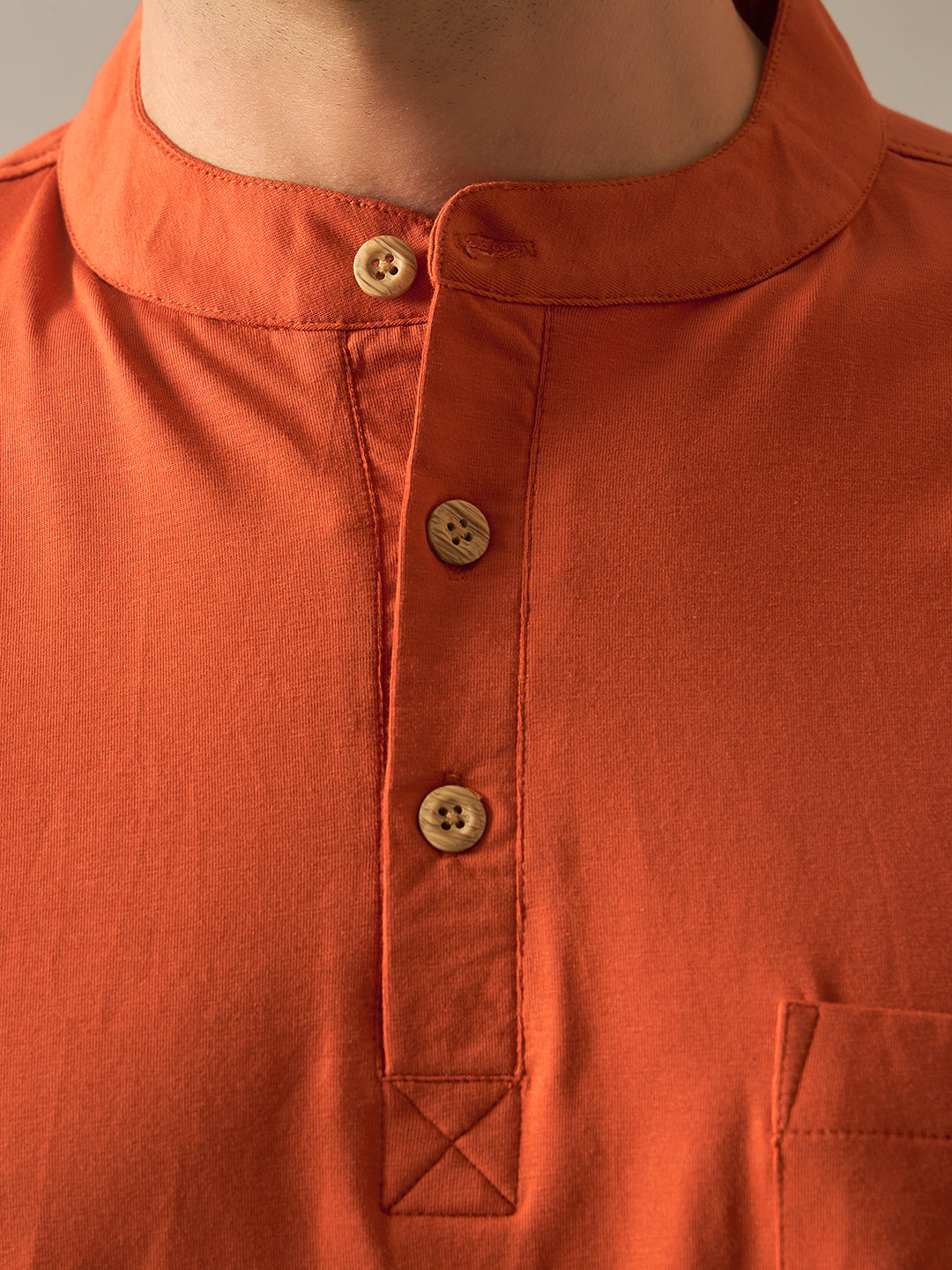 Cotton Lycra Blend Mandarin Collar Half Sleeves T-Shirt - Rust