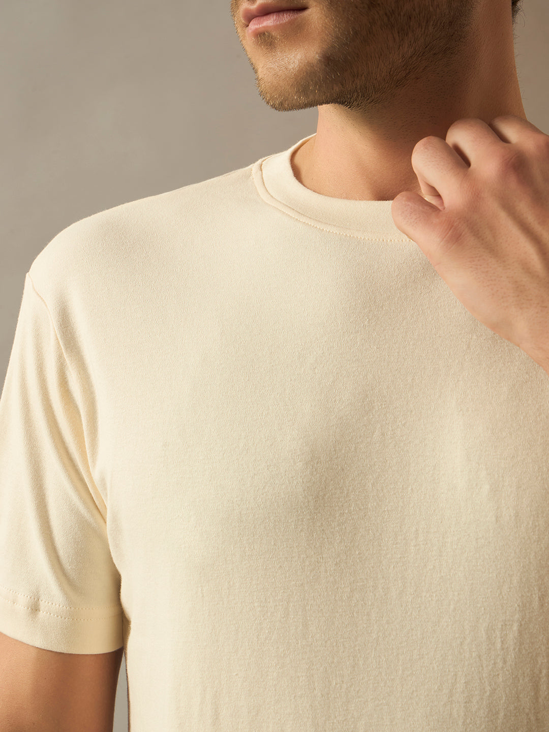 Bamboo Cotton Comfort Fit Round Neck Half Sleeves T-Shirt - Cream