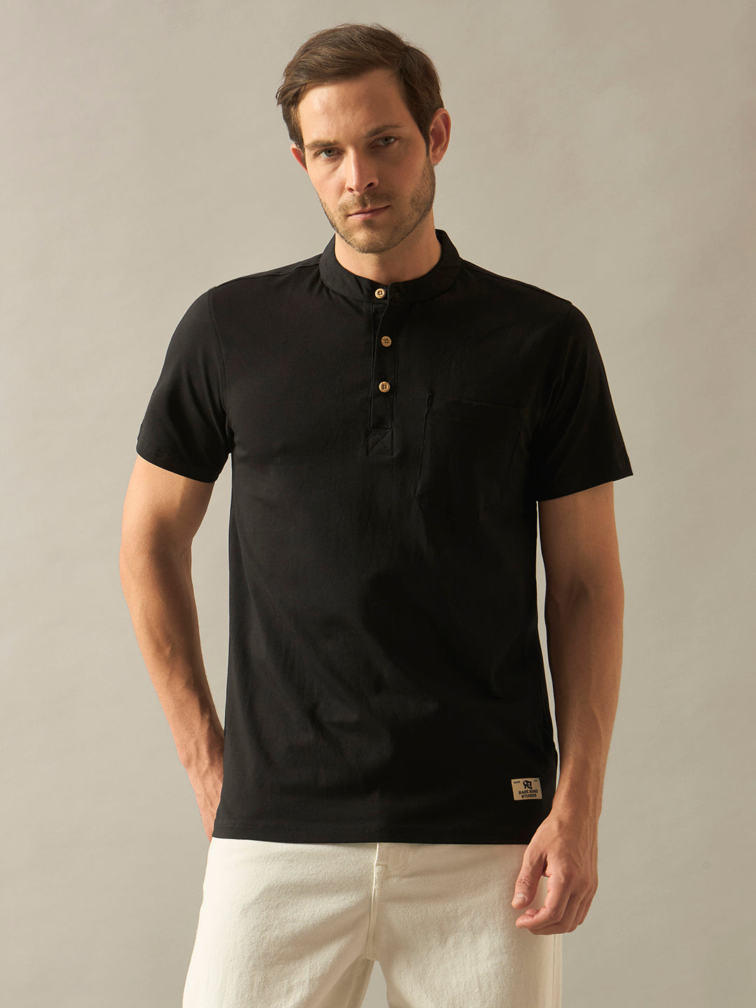 Cotton Lycra Blend Mandarin Collar Half Sleeves T-Shirt - Black