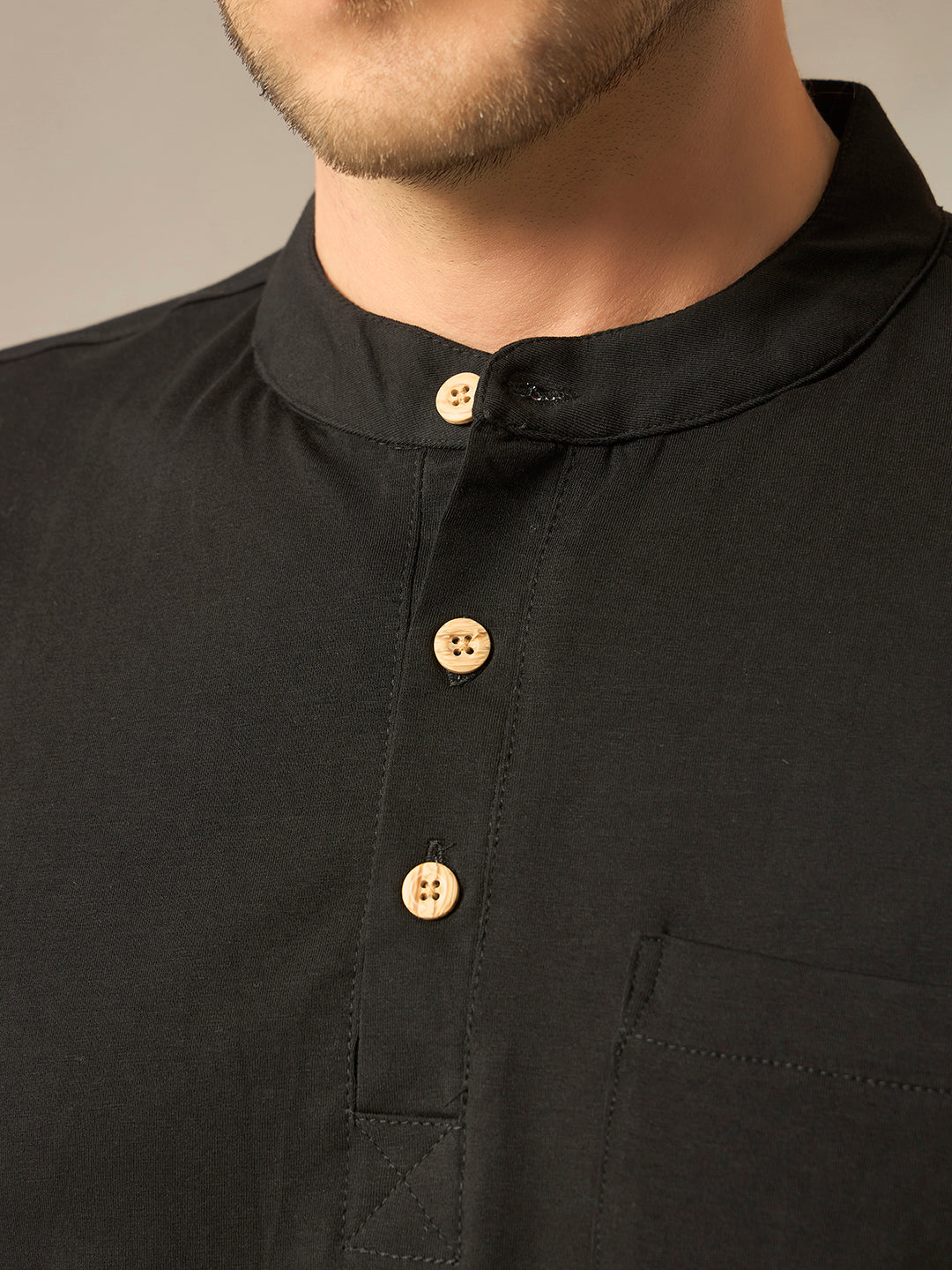 Cotton Lycra Blend Mandarin Collar Half Sleeves T-Shirt - Black