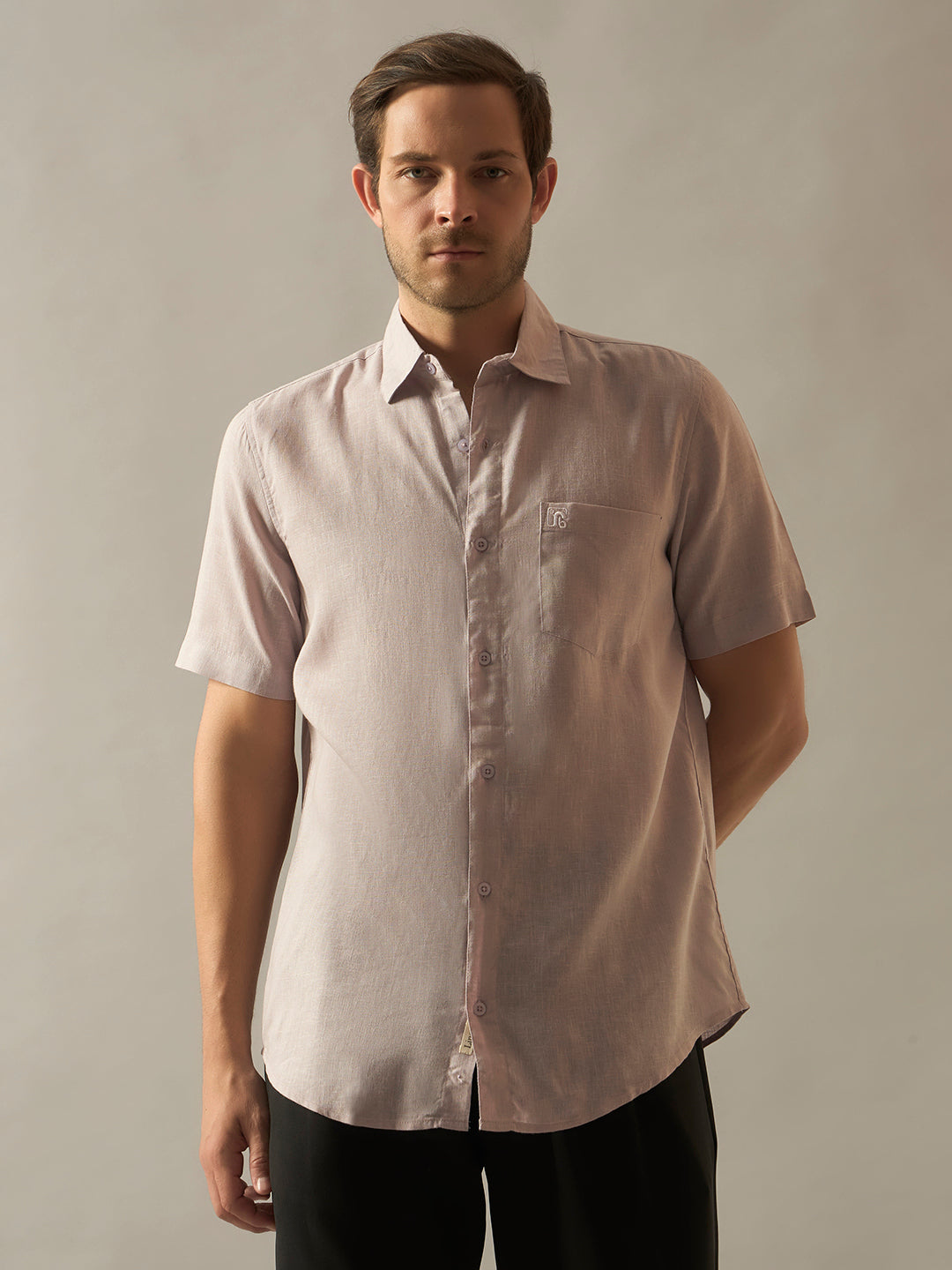 Linen Blend Relaxed Fit Half Sleeves Shirt - Lilac