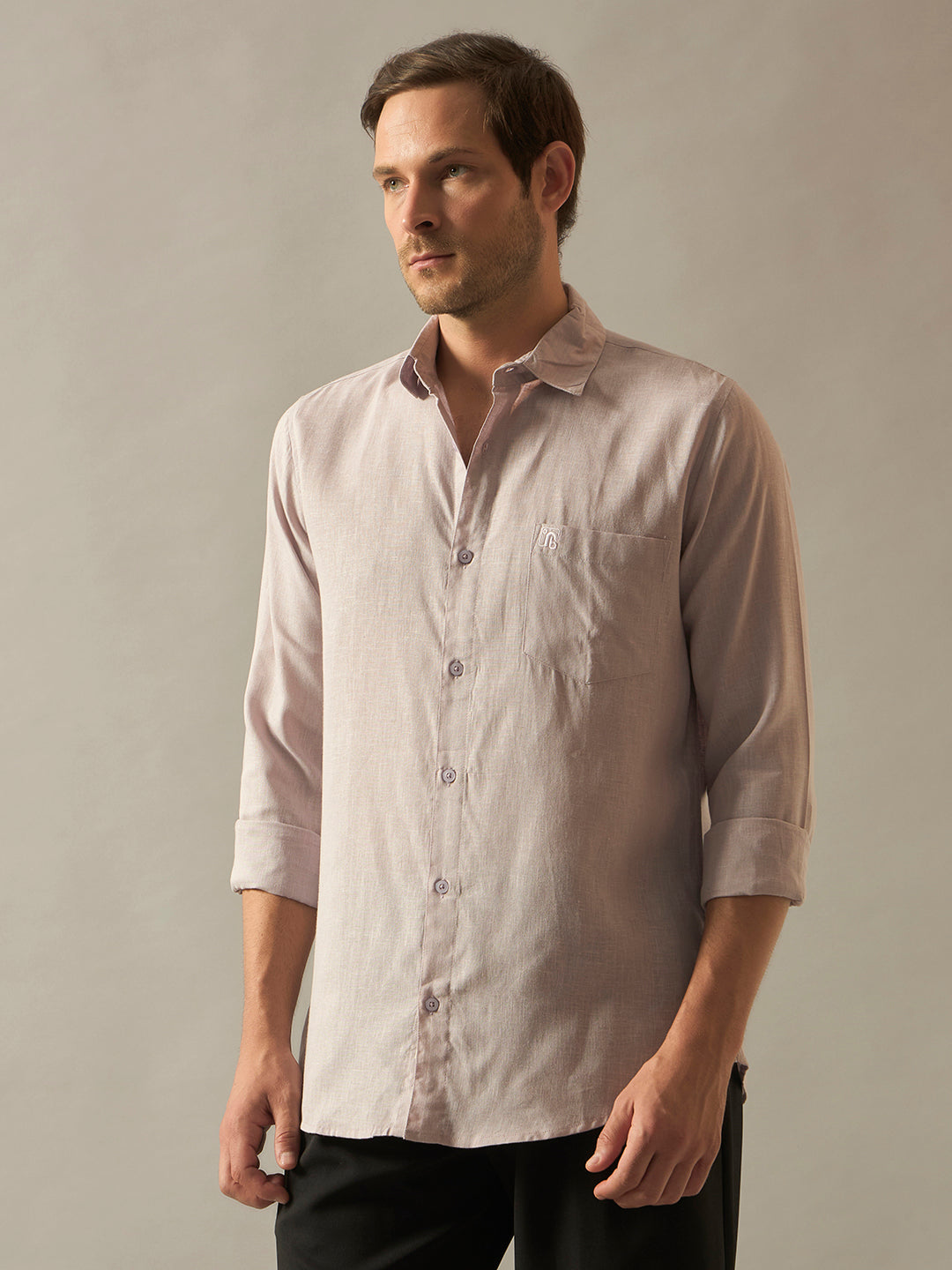 Linen Blend Relaxed Fit Full Sleeves Shirt - Lilac