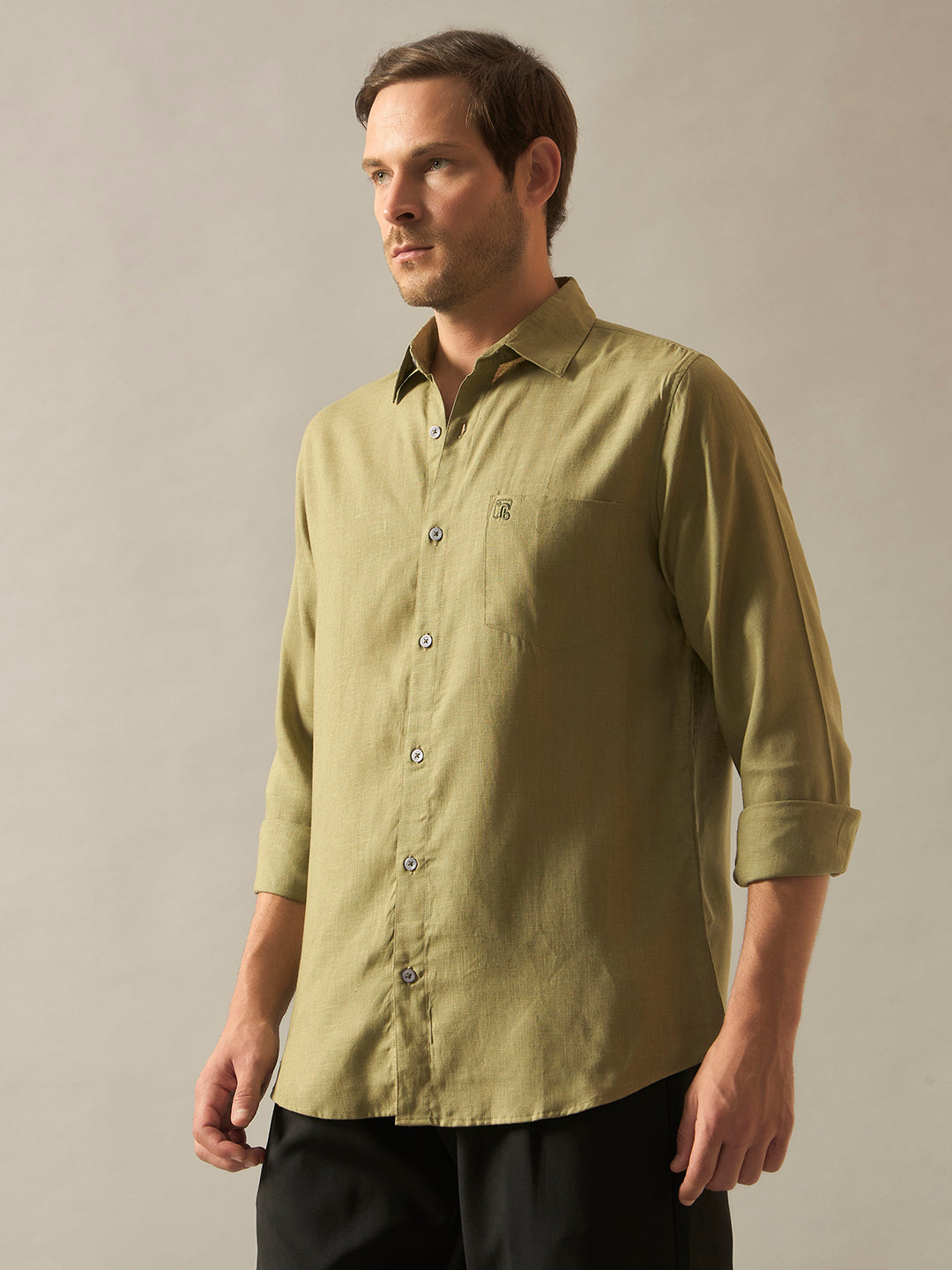 Linen Blend Relaxed Fit Full Sleeves Shirt - Olive