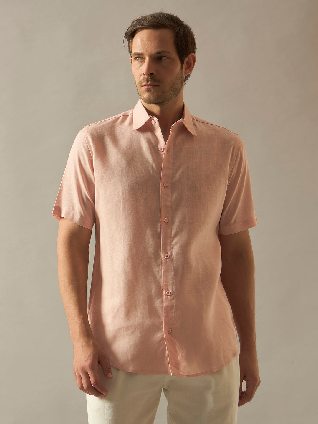 Linen Blend Relaxed Fit Half Sleeves Shirt - Peach