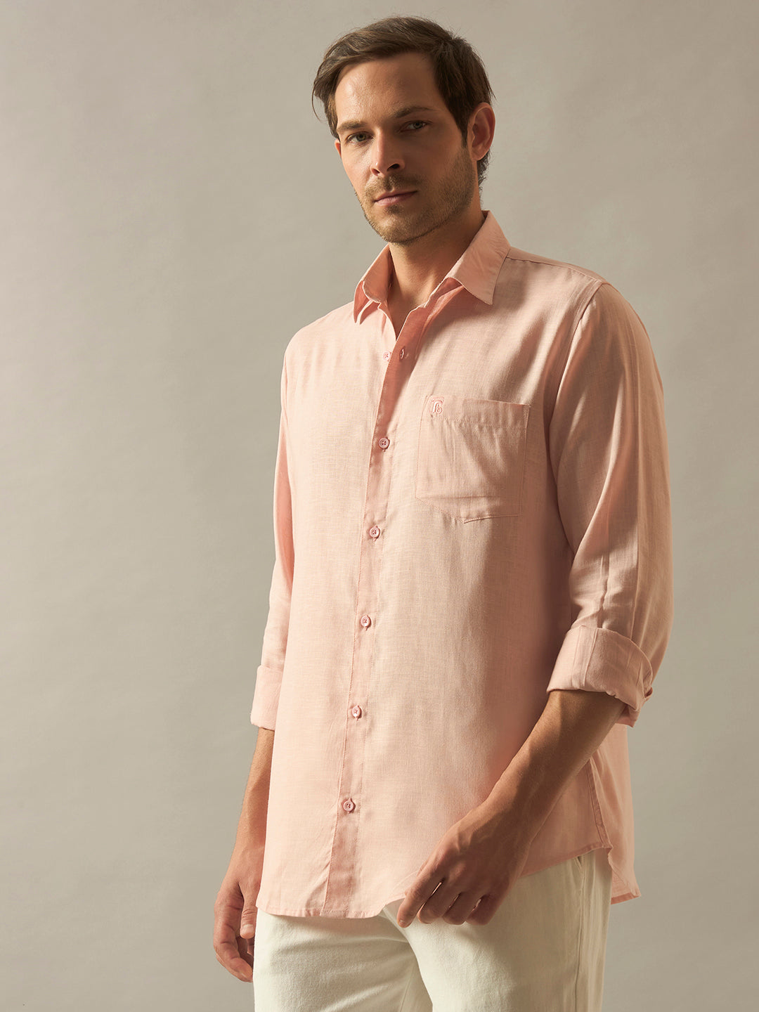 Linen Blend Relaxed Fit Full Sleeves Shirt - Peach