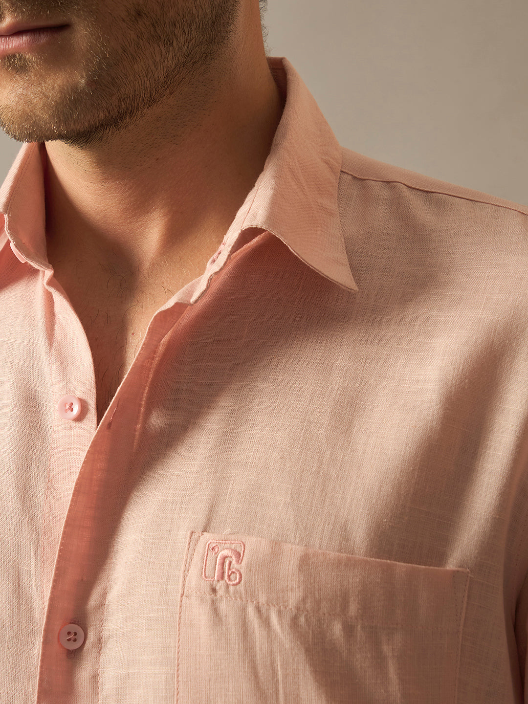 Linen Blend Relaxed Fit Full Sleeves Shirt - Peach