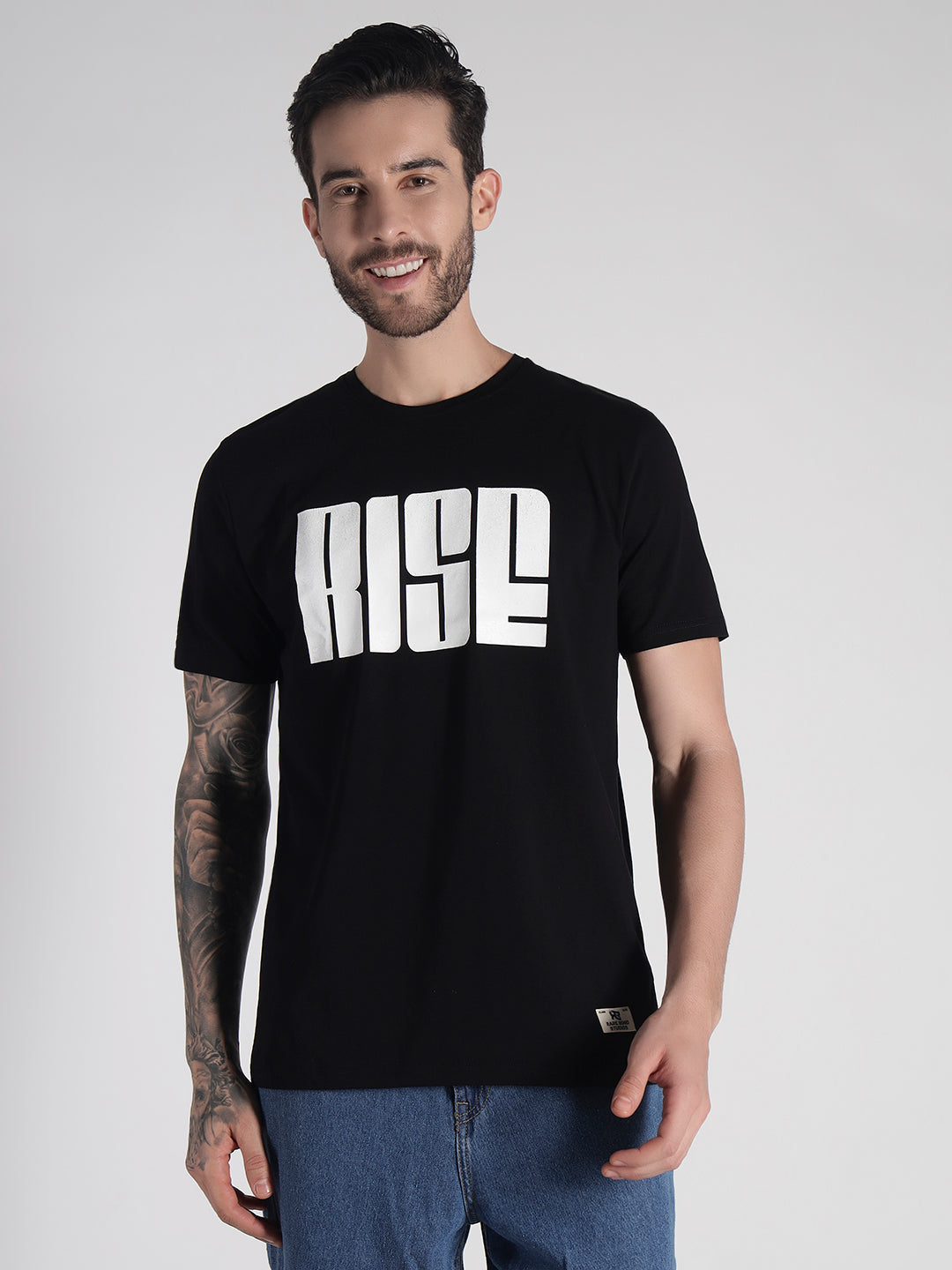 Rarebond's Rise Black Half Sleeve Comfort Fit T-shirt