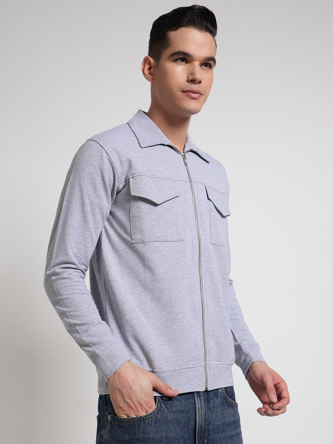 Rare Bond Grey Melange Full Sleeves Comfirt Fit Shacket