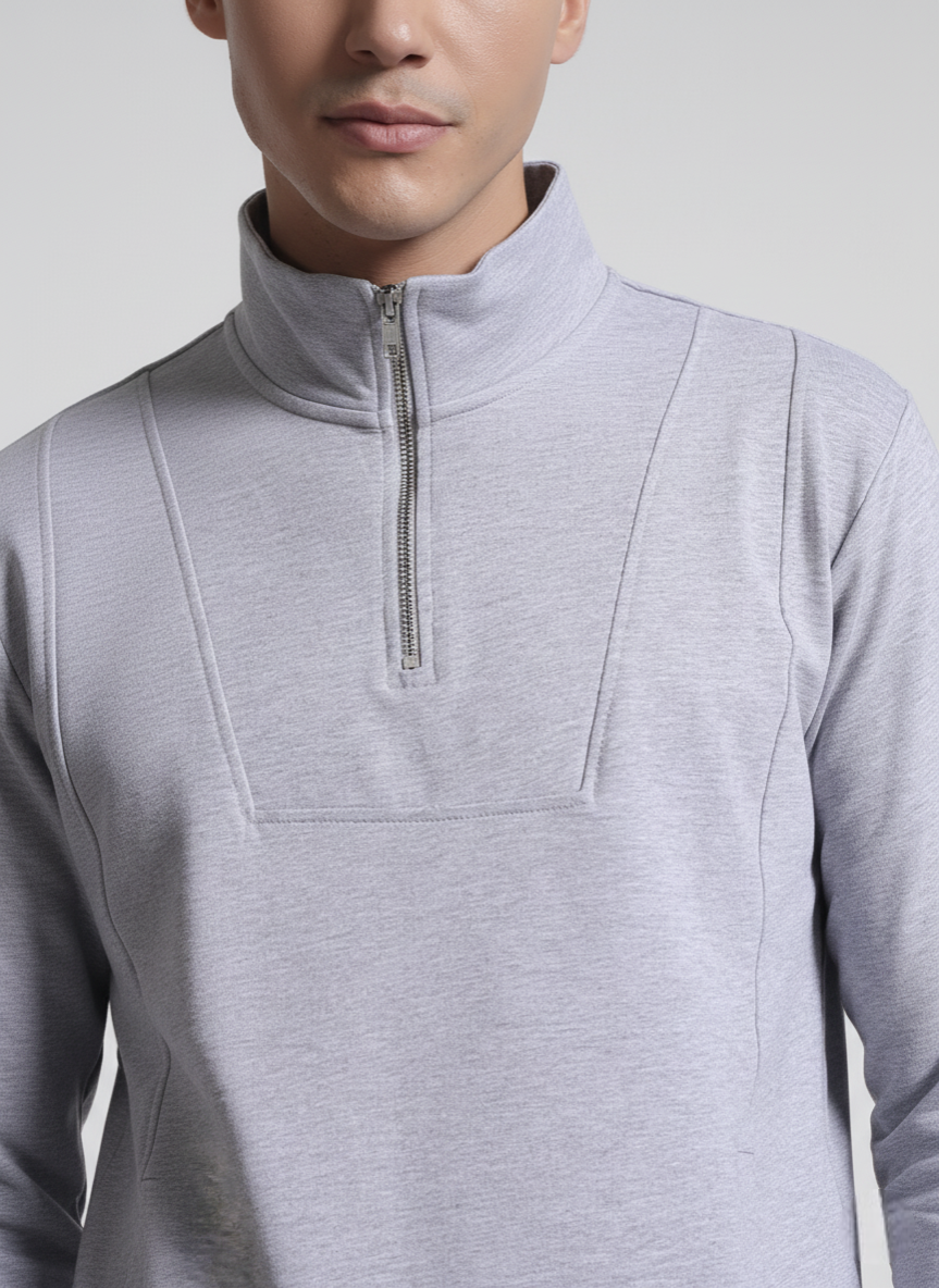 Rarebond Q-Zip High-Neck Grey Melange Full sleeves Comfort Fit Heavy Weight T shirt