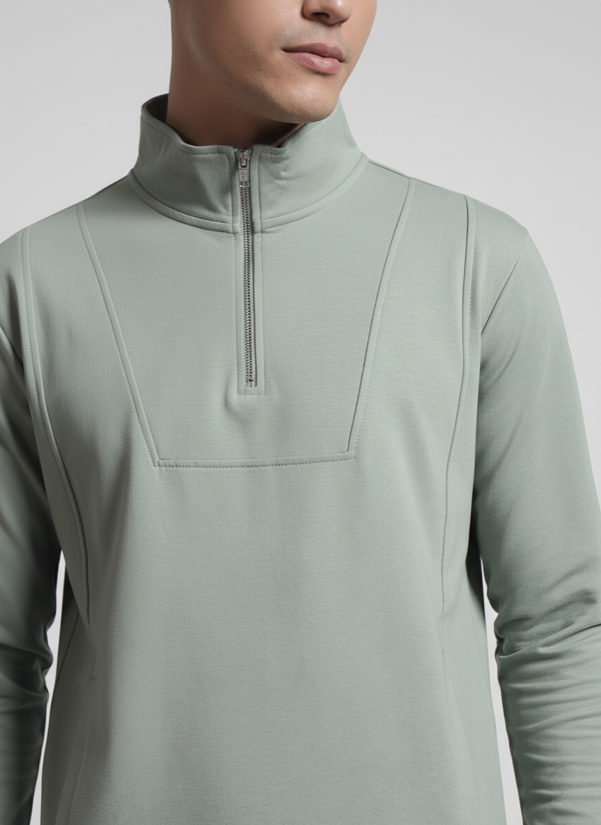 Rarebond Q-Zip High-Neck Green Full sleeves Comfort Fit Heavy Weight T shirt