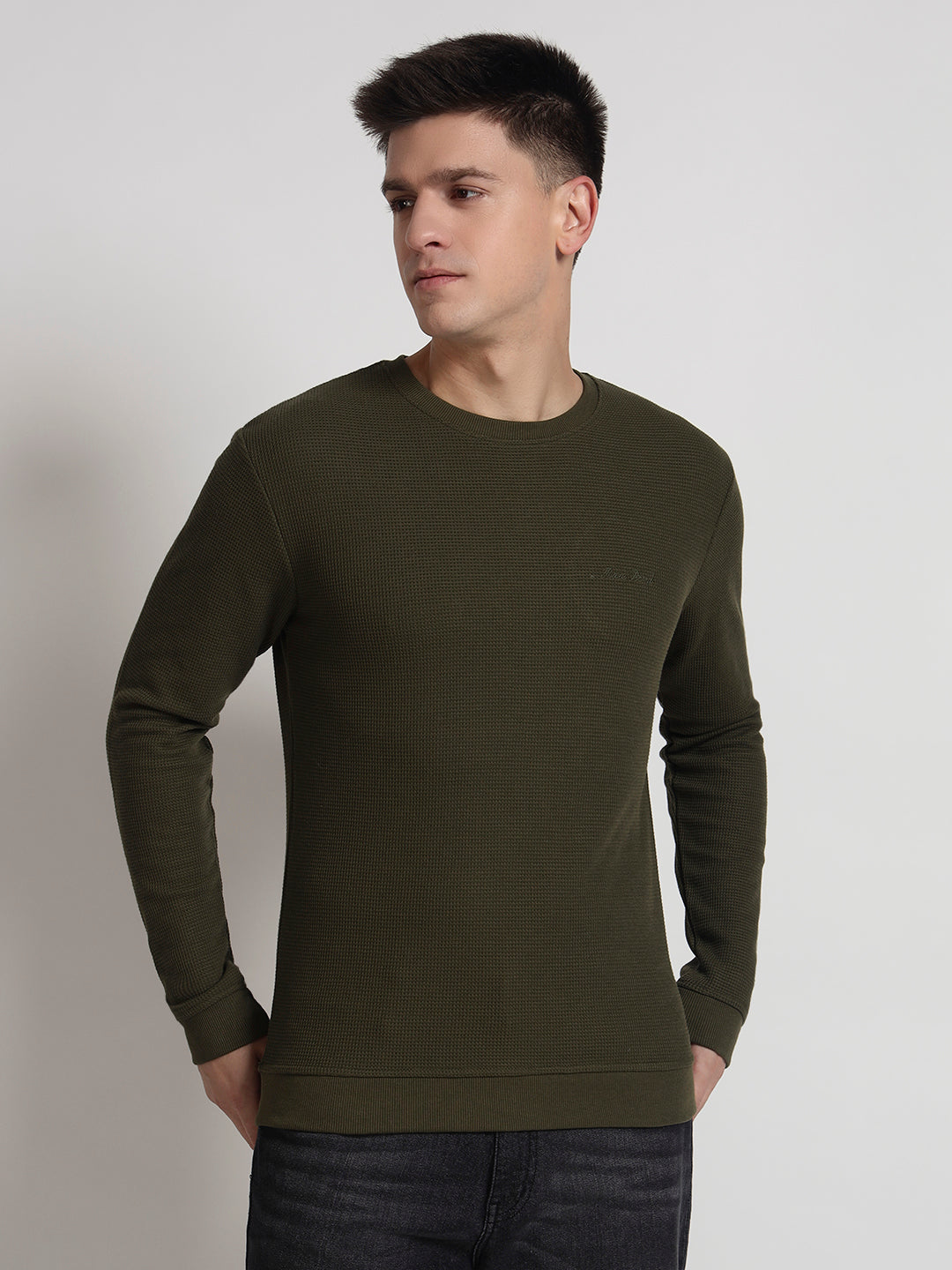 Rarebond Sentinel Men's Olive Textured Full Sleeves Round Neck T Shirt