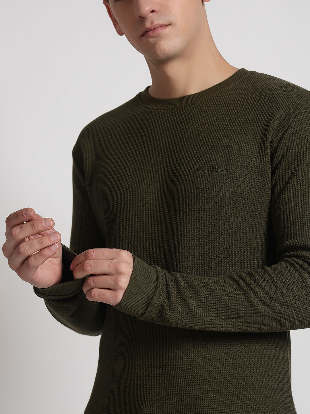 Rarebond Sentinel Men's Olive Textured Full Sleeves Round Neck T Shirt