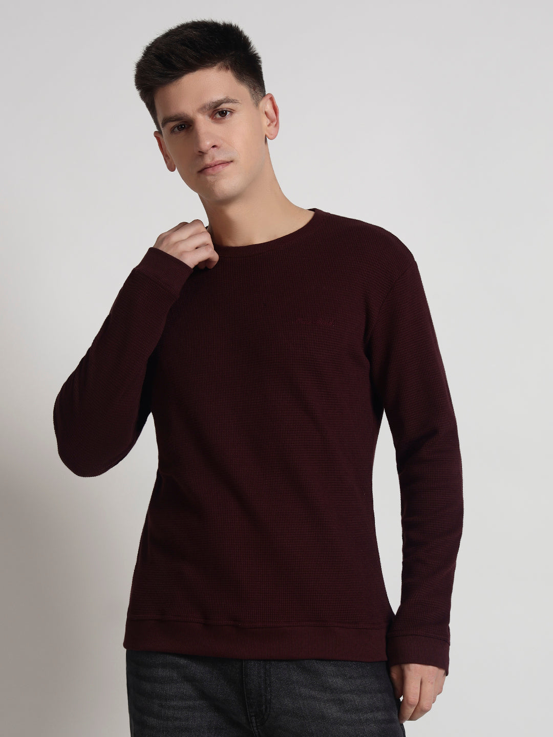 Rarebond Sentinel Men's Wine Textured Full Sleeves Round Neck T Shirt