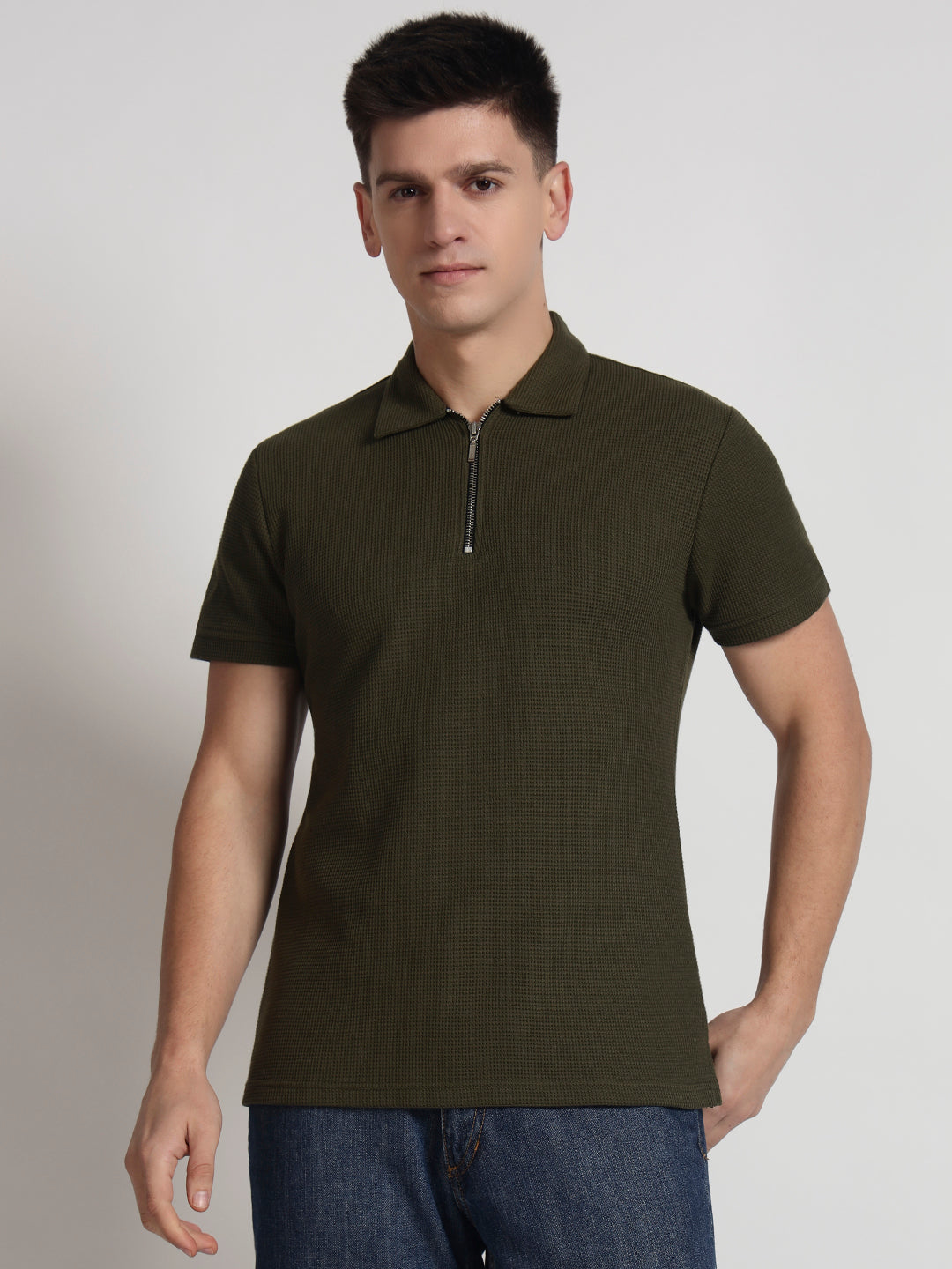 Rarebond Sentinel Men's Olive Textured Zip-Up Half Sleeves Polo  T-Shirt