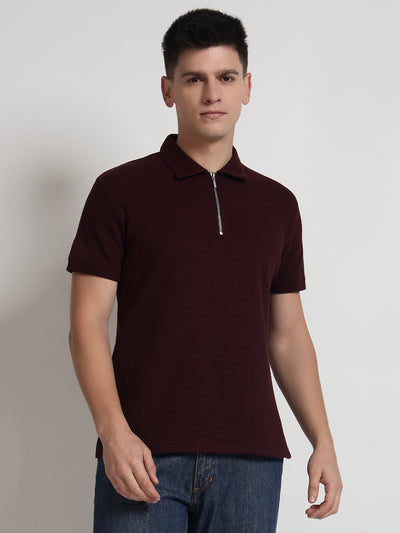 Rarebond Sentinel Men's Wine Textured Zip-Up Half Sleeves Polo T-Shirt