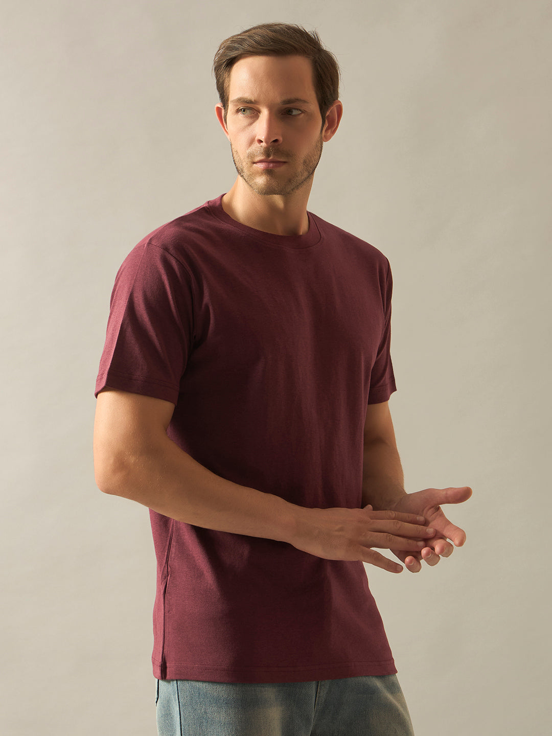 Bamboo Cotton Comfort Fit Round Neck Half Sleeves T-Shirt - Wine