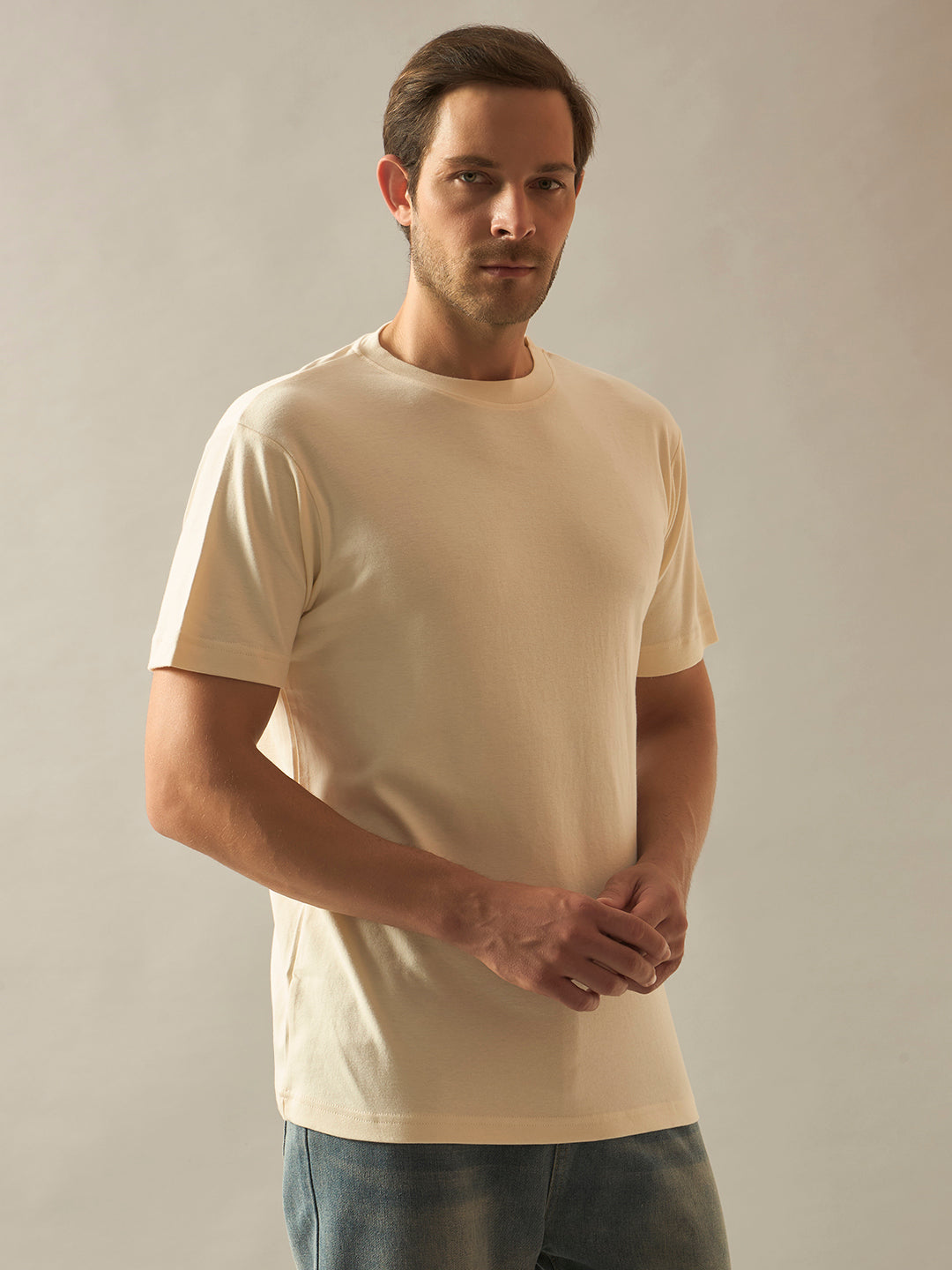 Bamboo Cotton Comfort Fit Round Neck Half Sleeves T-Shirt - Cream
