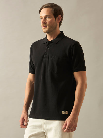 Pique Polo Half Sleeves T-Shirt with Chest Pocket - Black