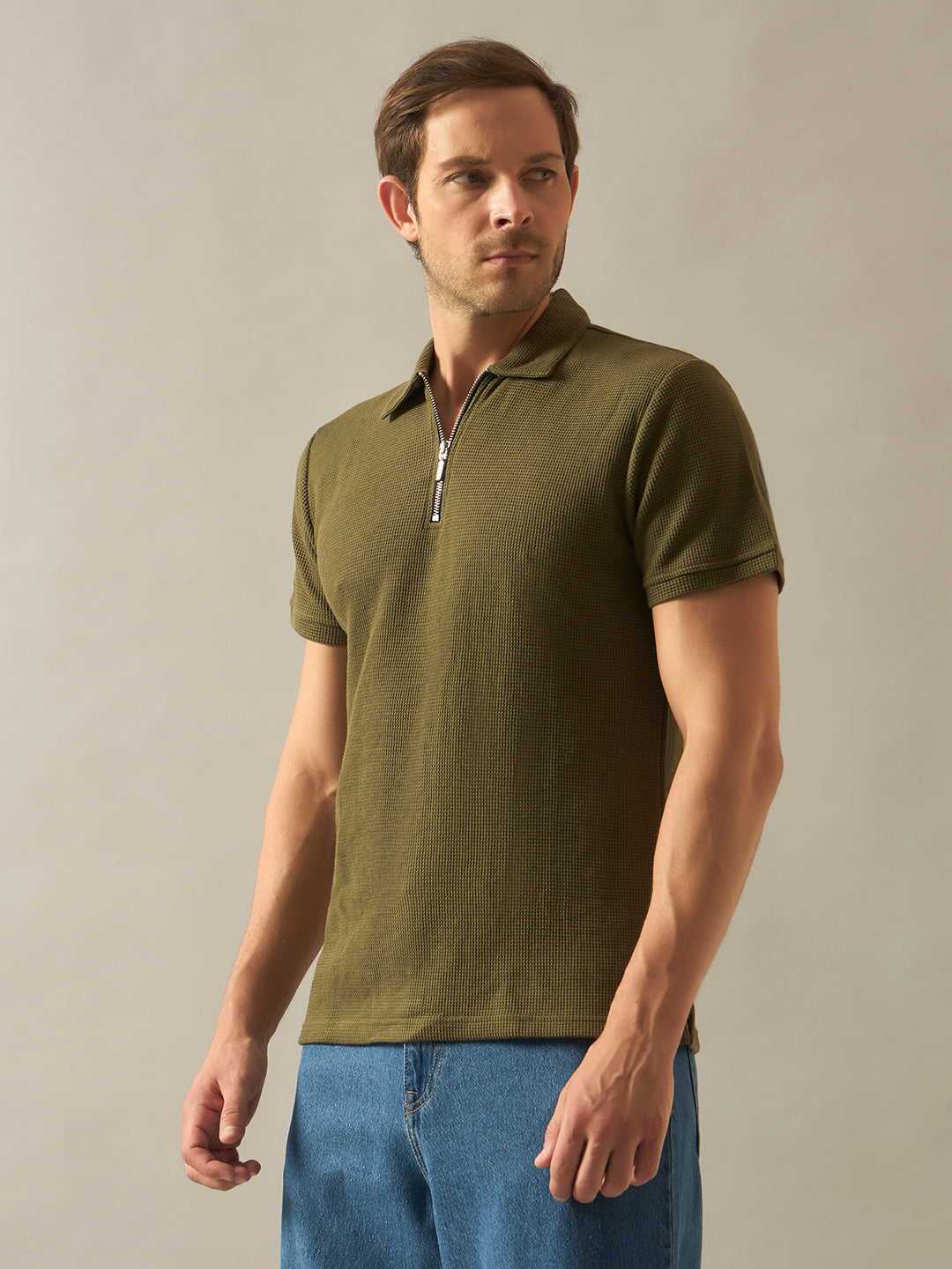 Rarebond Sentinel Men's Olive Textured Zip-Up Half Sleeves Polo  T-Shirt