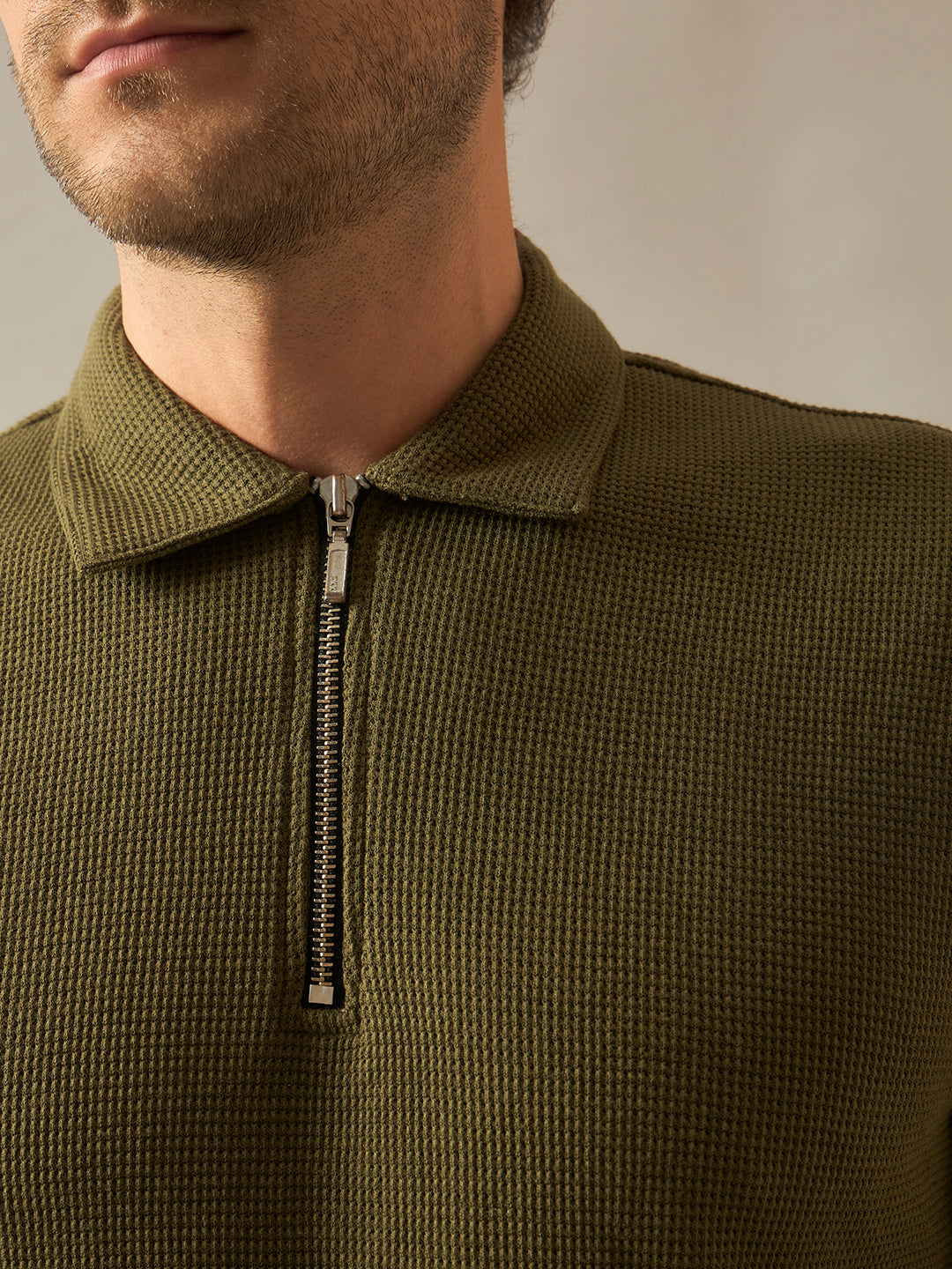 Rarebond Sentinel Men's Olive Textured Zip-Up Half Sleeves Polo  T-Shirt
