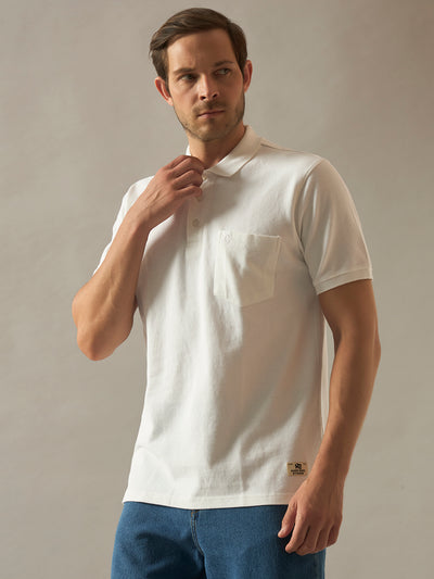 Pique Polo Half Sleeves T-Shirt with Chest Pocket - White