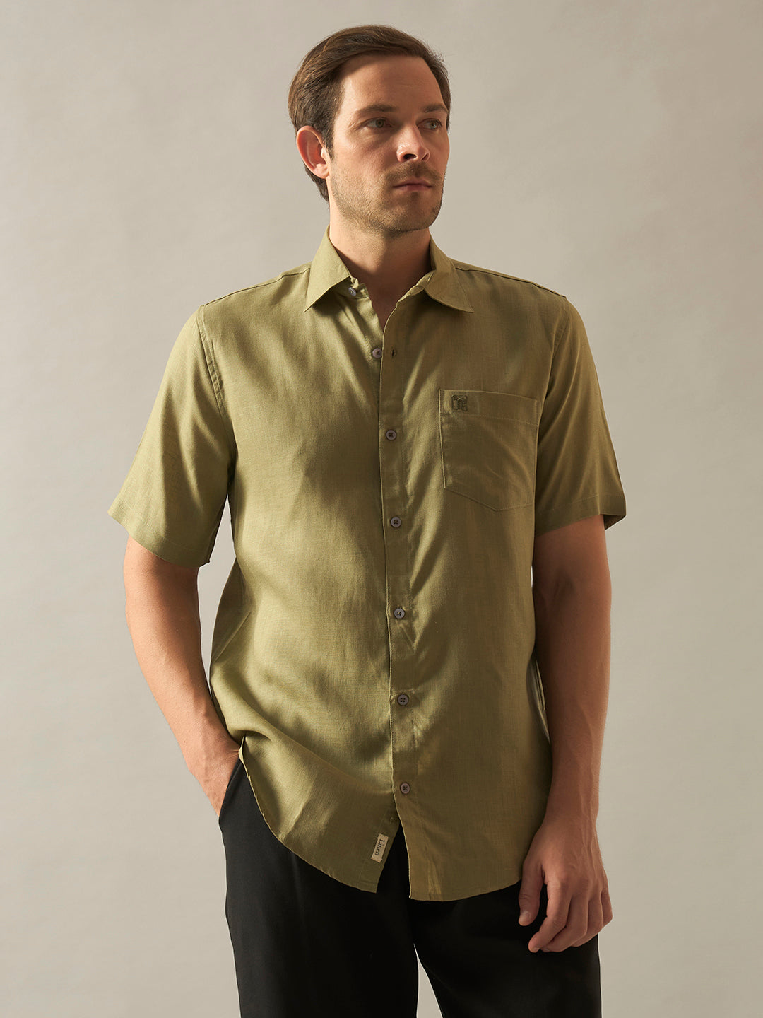 Linen Blend Relaxed Fit Half Sleeves Shirt - Olive