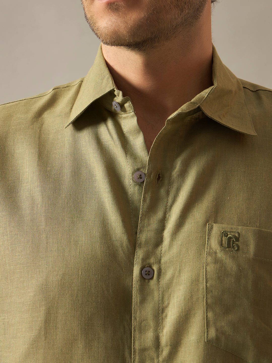 Linen Blend Relaxed Fit Half Sleeves Shirt - Olive