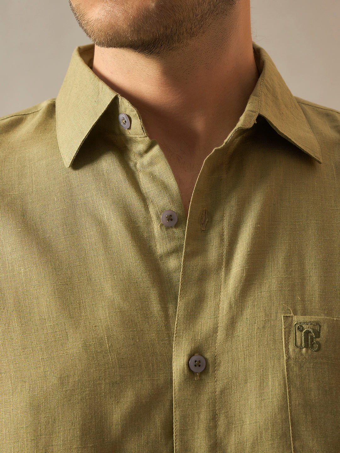 Linen Blend Relaxed Fit Full Sleeves Shirt - Olive