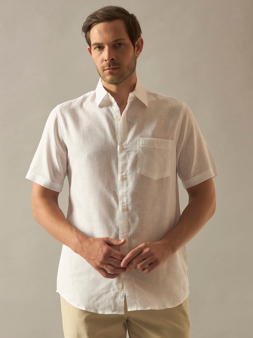 Linen Blend Relaxed Fit Half Sleeves Shirt - White