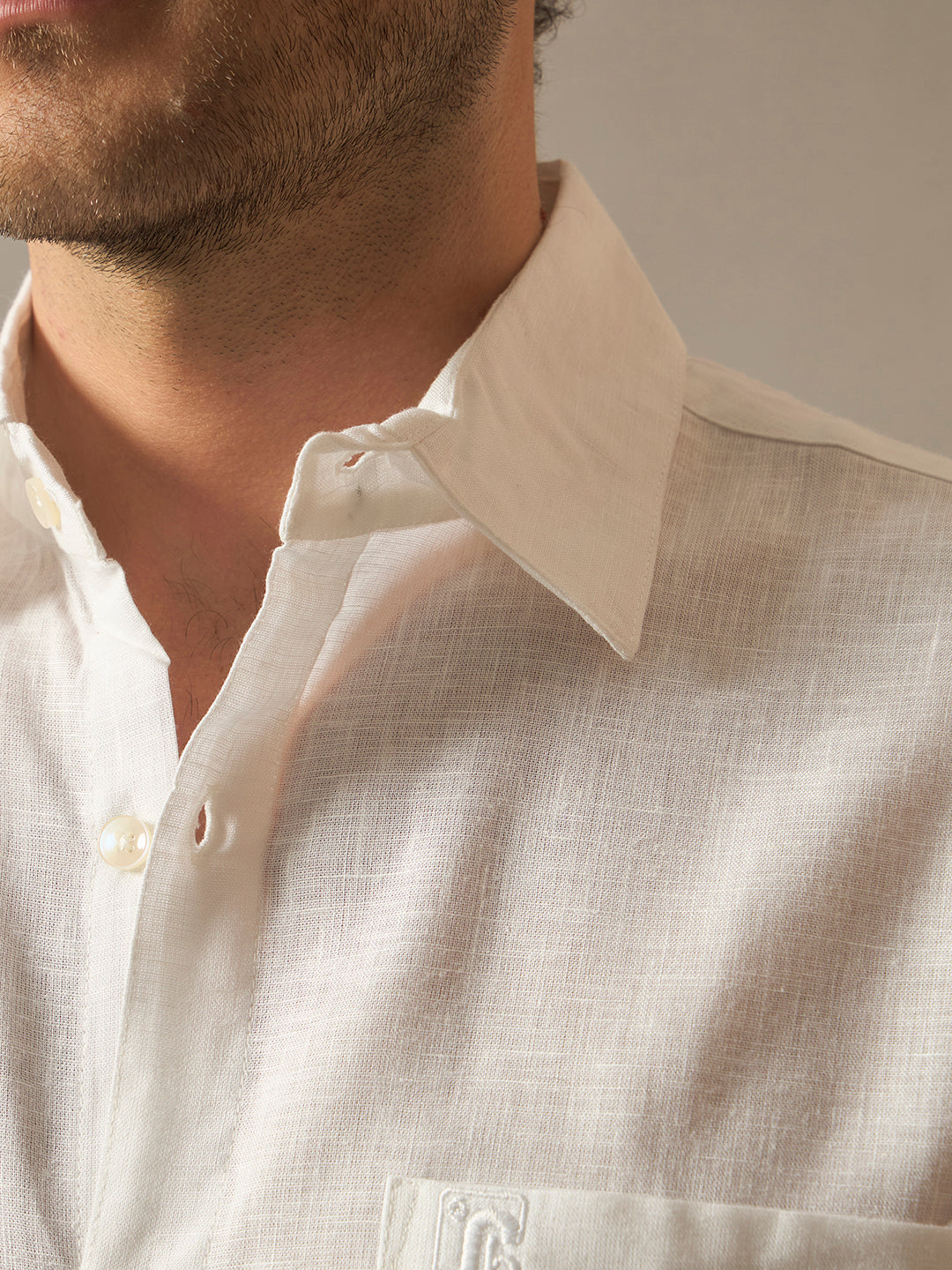 Linen Blend Relaxed Fit Half Sleeves Shirt - White