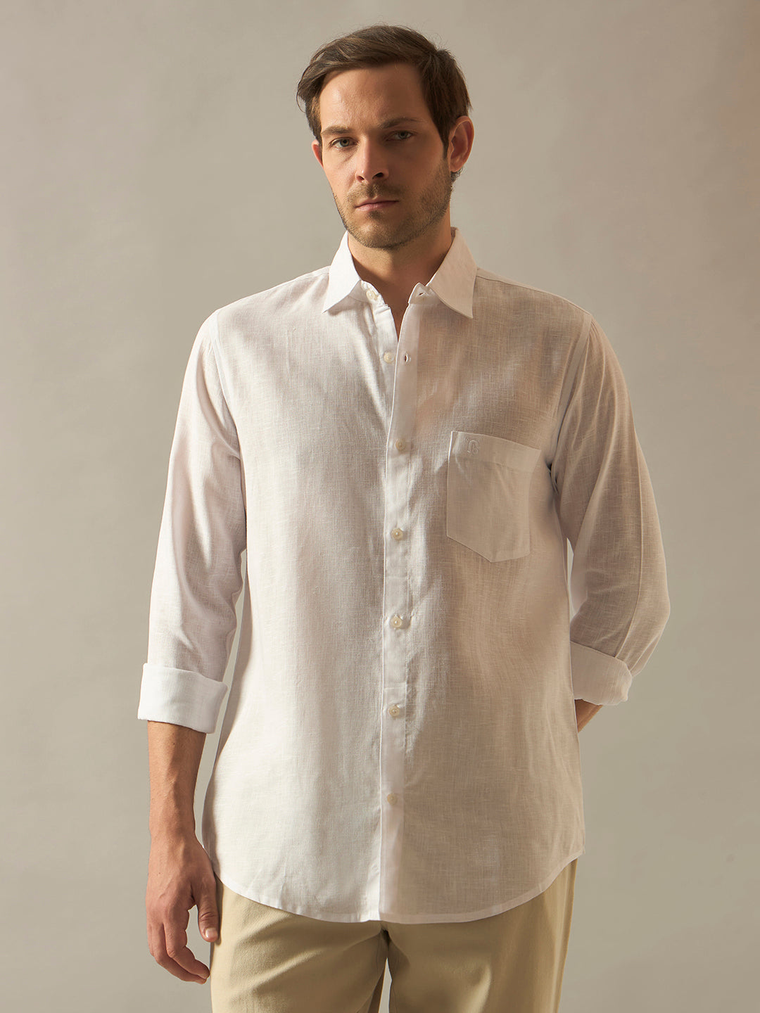 Linen Blend Relaxed Fit Full Sleeves Shirt - White
