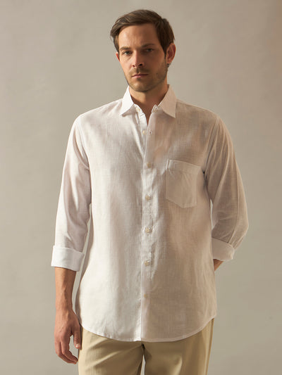 Linen Blend Relaxed Fit Full Sleeves Shirt - White