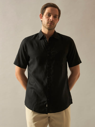 Linen Blend Relaxed Fit Half Sleeves Shirt - Black