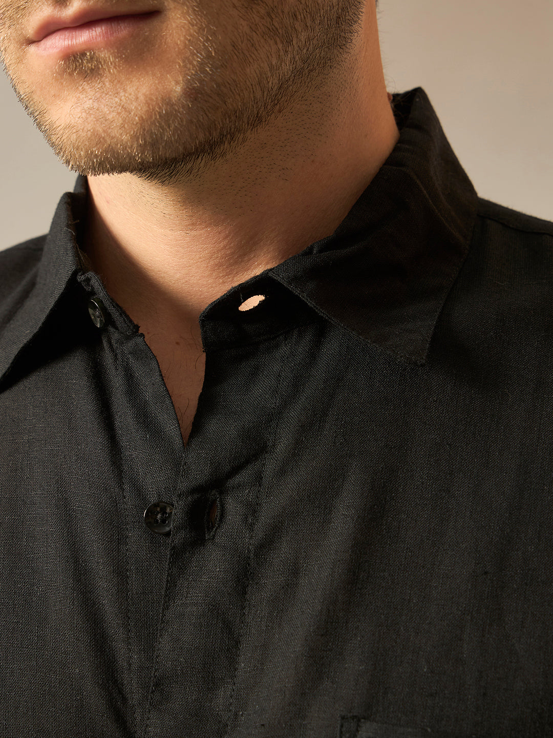 Linen Blend Relaxed Fit Half Sleeves Shirt - Black