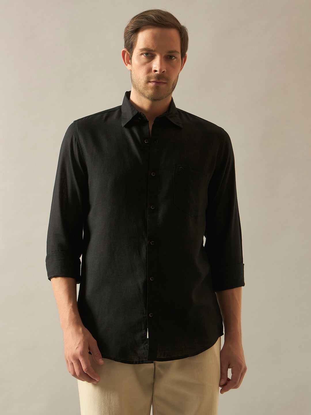 Linen Blend Relaxed Fit Full Sleeves Shirt - Black