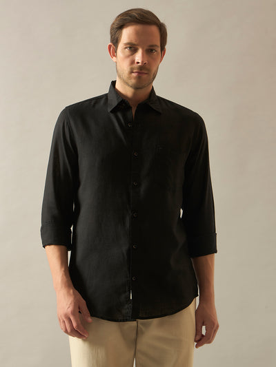 Linen Blend Relaxed Fit Full Sleeves Shirt - Black