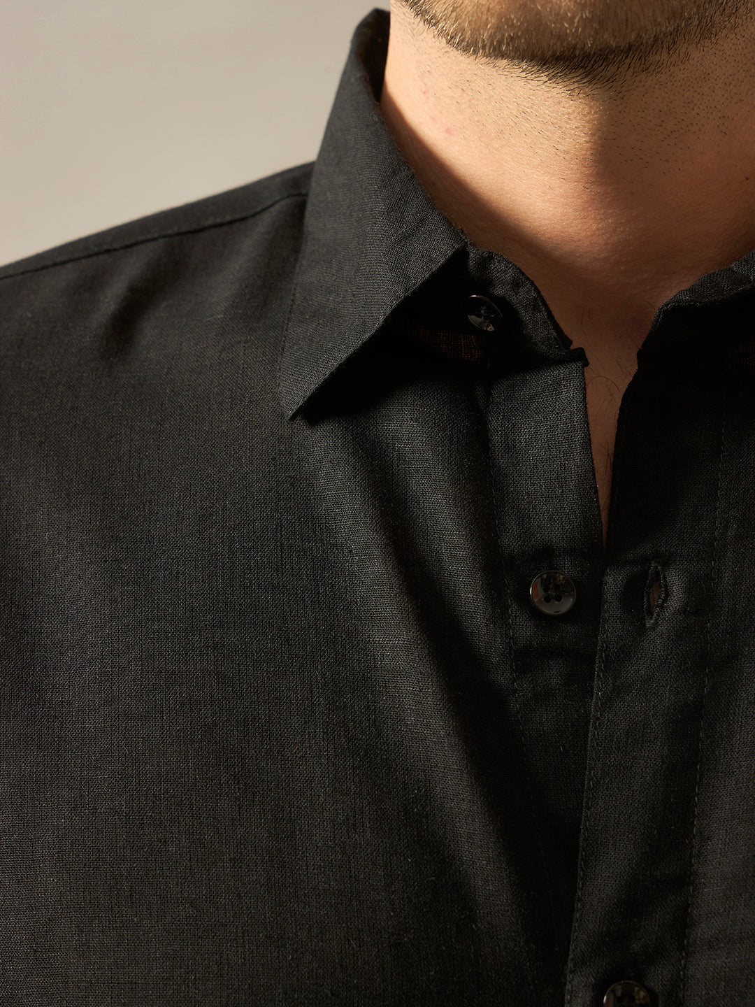 Linen Blend Relaxed Fit Full Sleeves Shirt - Black