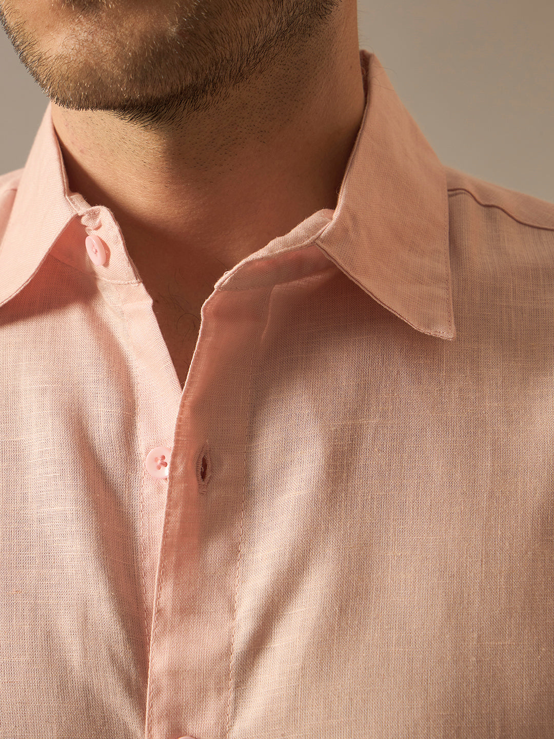 Linen Blend Relaxed Fit Half Sleeves Shirt - Peach