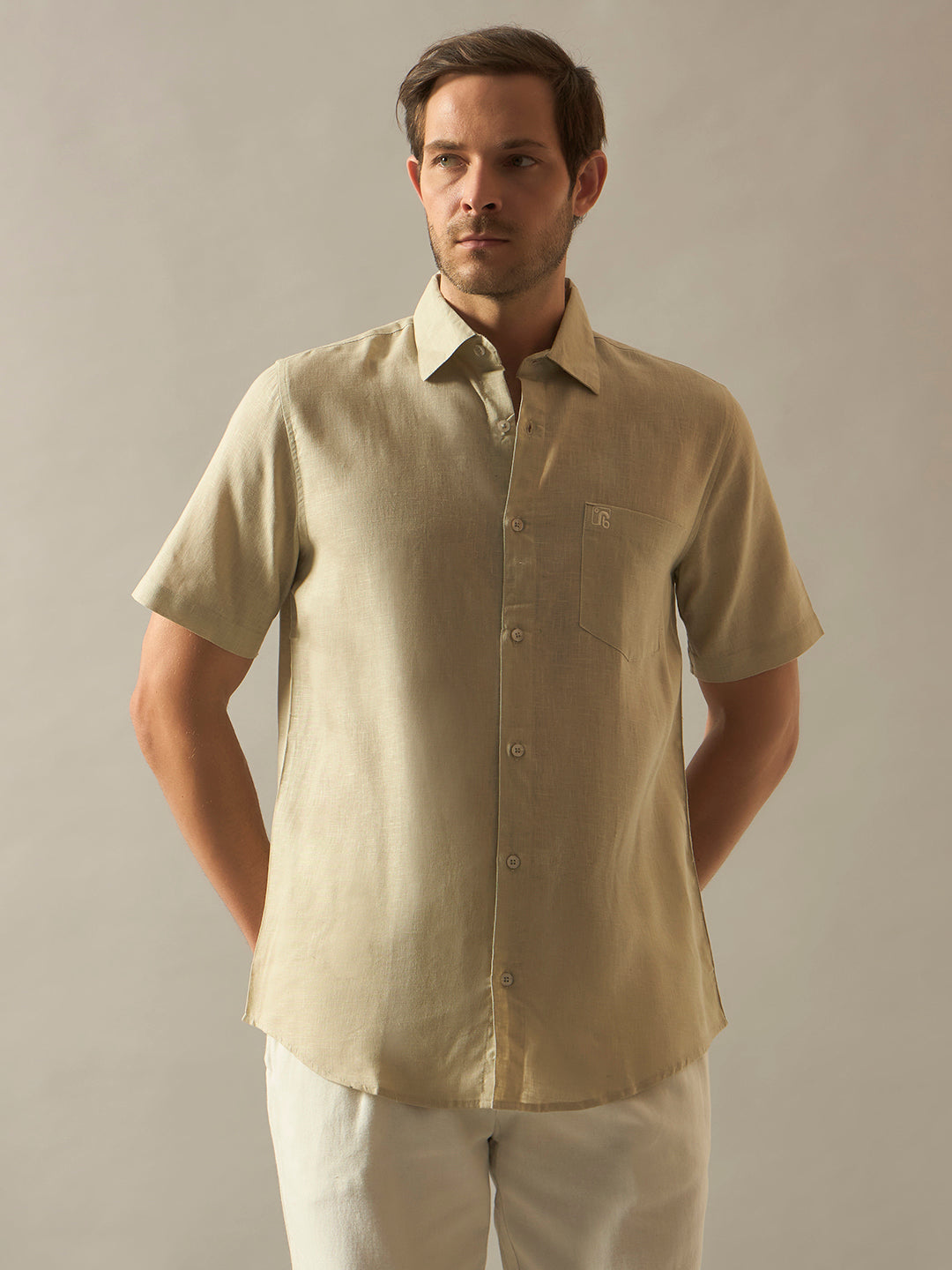 Linen Blend Relaxed Fit Half Sleeves Shirt - Natural