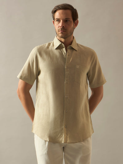 Linen Blend Relaxed Fit Half Sleeves Shirt - Natural