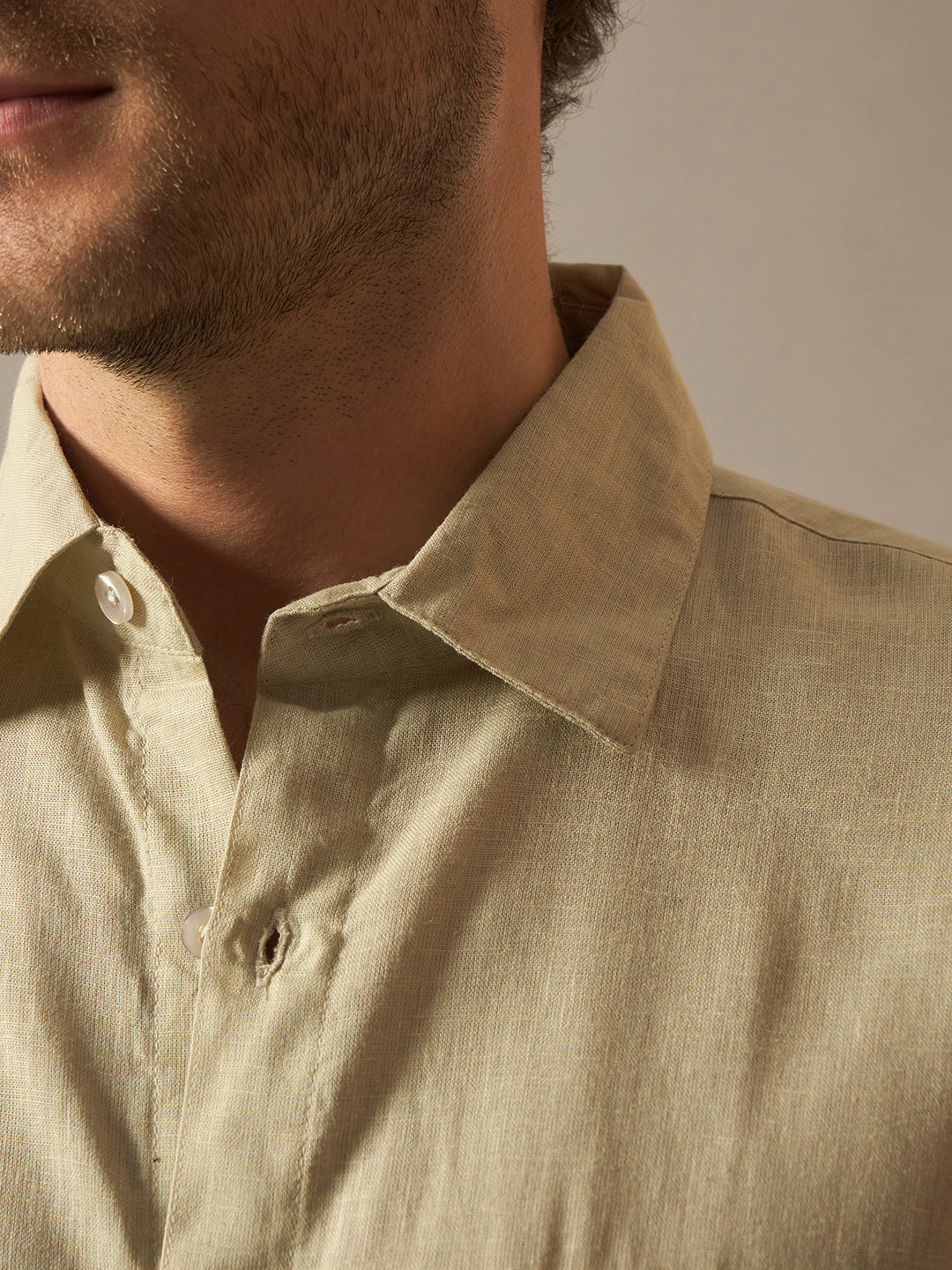 Linen Blend Relaxed Fit Half Sleeves Shirt - Natural