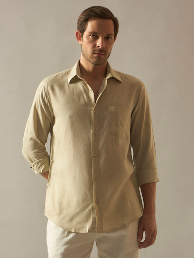 Linen Blend Relaxed Fit Full Sleeves Shirt - Natural